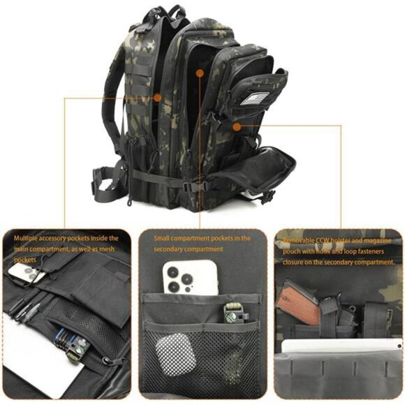 Black Tactical Backpack 45L Molle Military Assault Pack Hunting Gear Bag - Picture 4 of 7